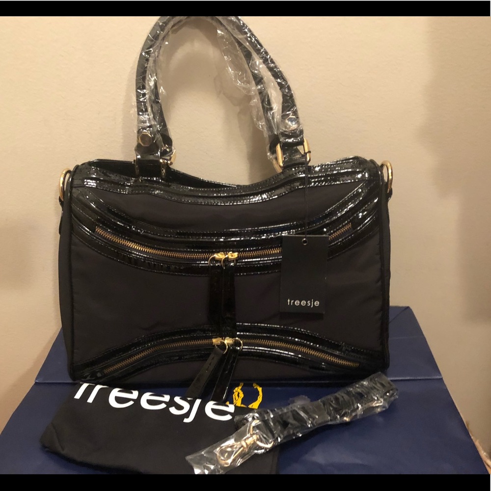 NWT gorgeous black Treesje handbag with patent leather trim and shoulder strap